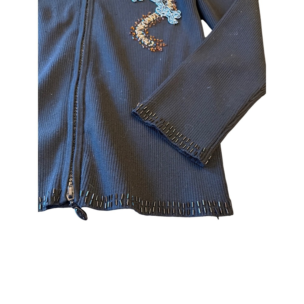 Cache Cardigan Black Silk Blend Beaded Dragon Mock Neck Full Zip Ribbed Small - Picture 5 of 7